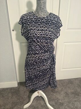 Nicole Miller Navy and White Printed Tie-Waist Midi Dress M